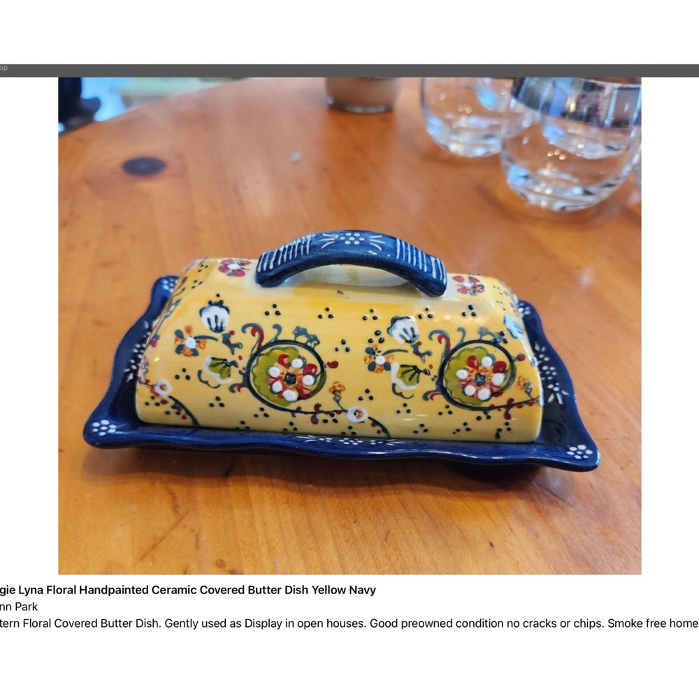 Anthropologie Lyna Floral Handpainted Ceramic Covered Butter Dish Yellow Navy